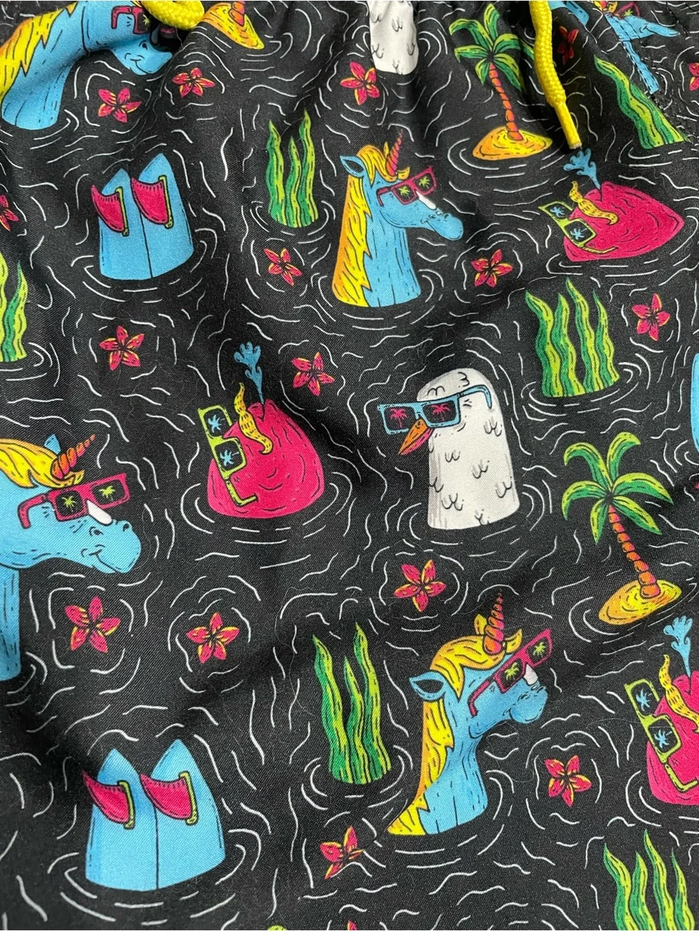 Men’s Medium Spicy Tuna Fun Unicorn Party Print Maximalist Swim Trunks Shorts